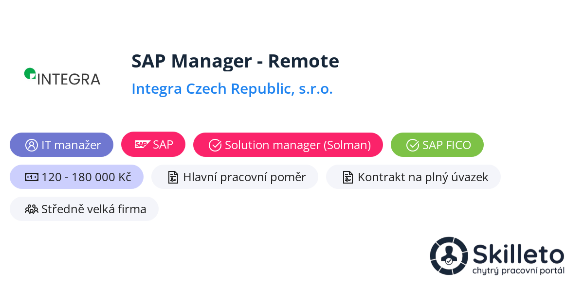 SAP Manager Remote 173 180 000 Kč Integra Czech Republic, s.r.o.